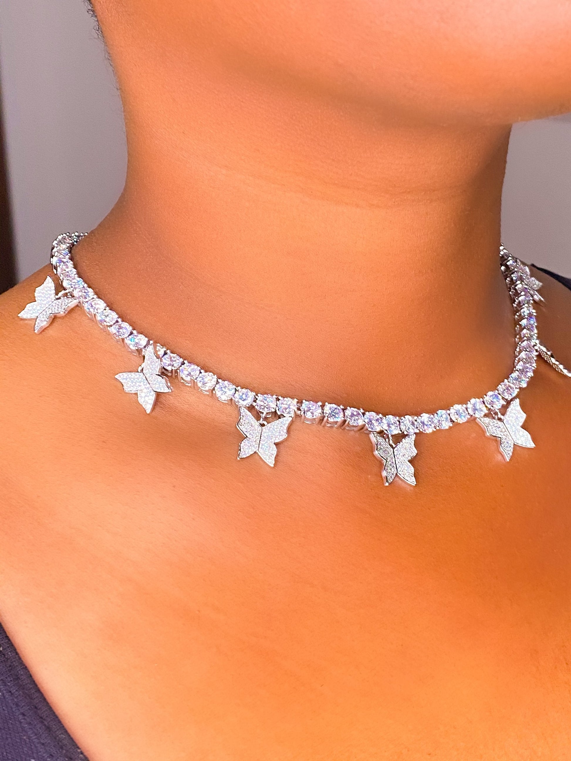 Iced Butterfly Choker Necklace Crystal Tennis Chain