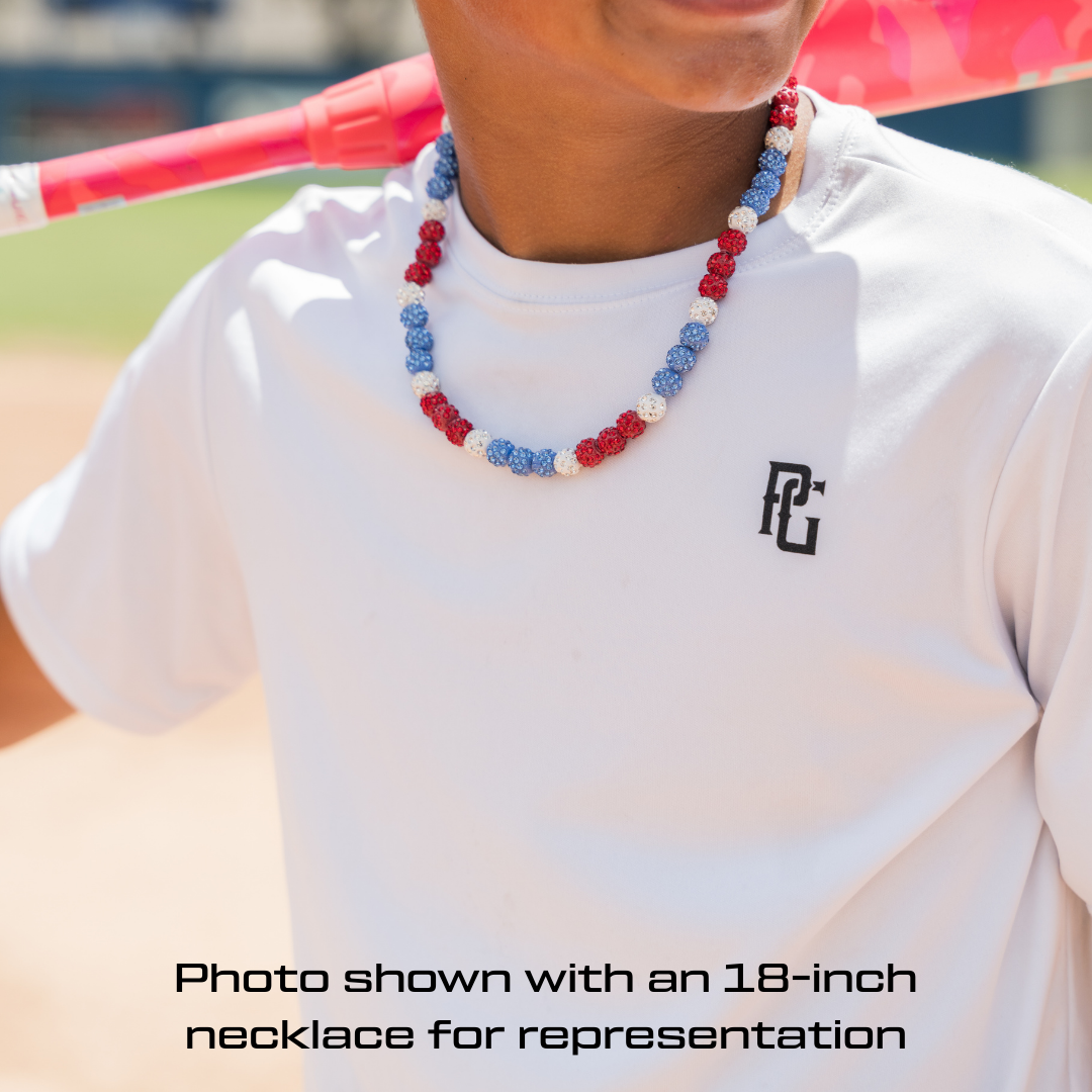 Blue Velocity Iced Out Baseball Bead Necklace | Blue & White