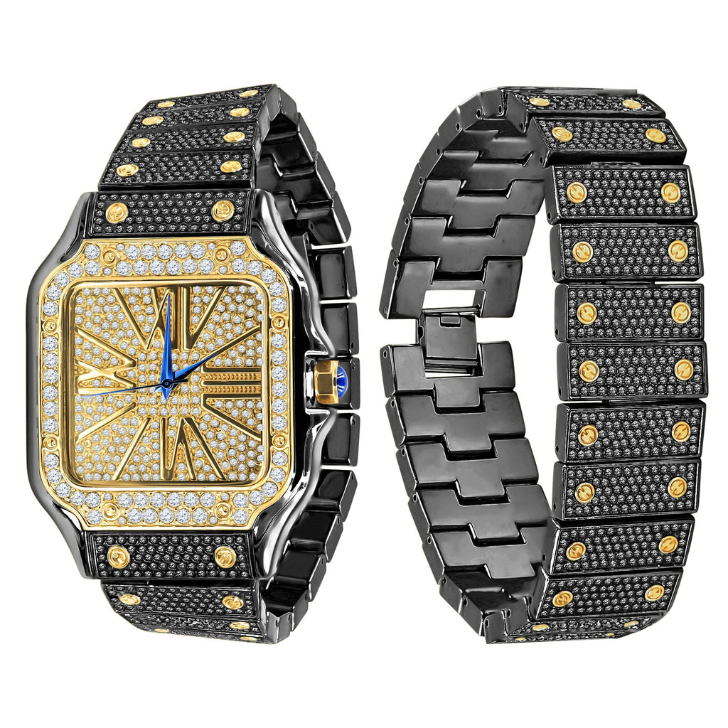 Iced Out Brass Square Watch And Bracelet Set Luxury