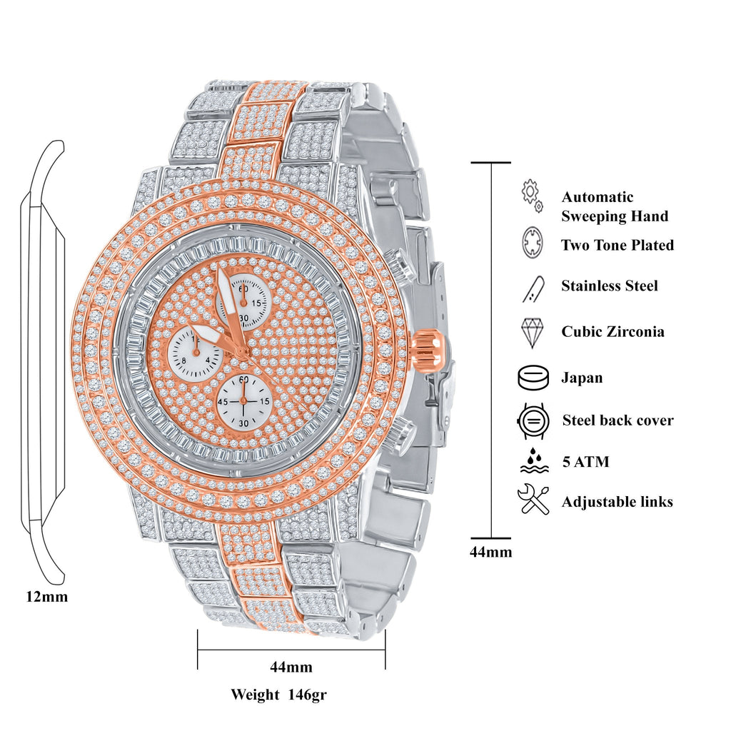 Iced Out Hip Hop Mens Watch Rose Gold Silver Bling Luxury