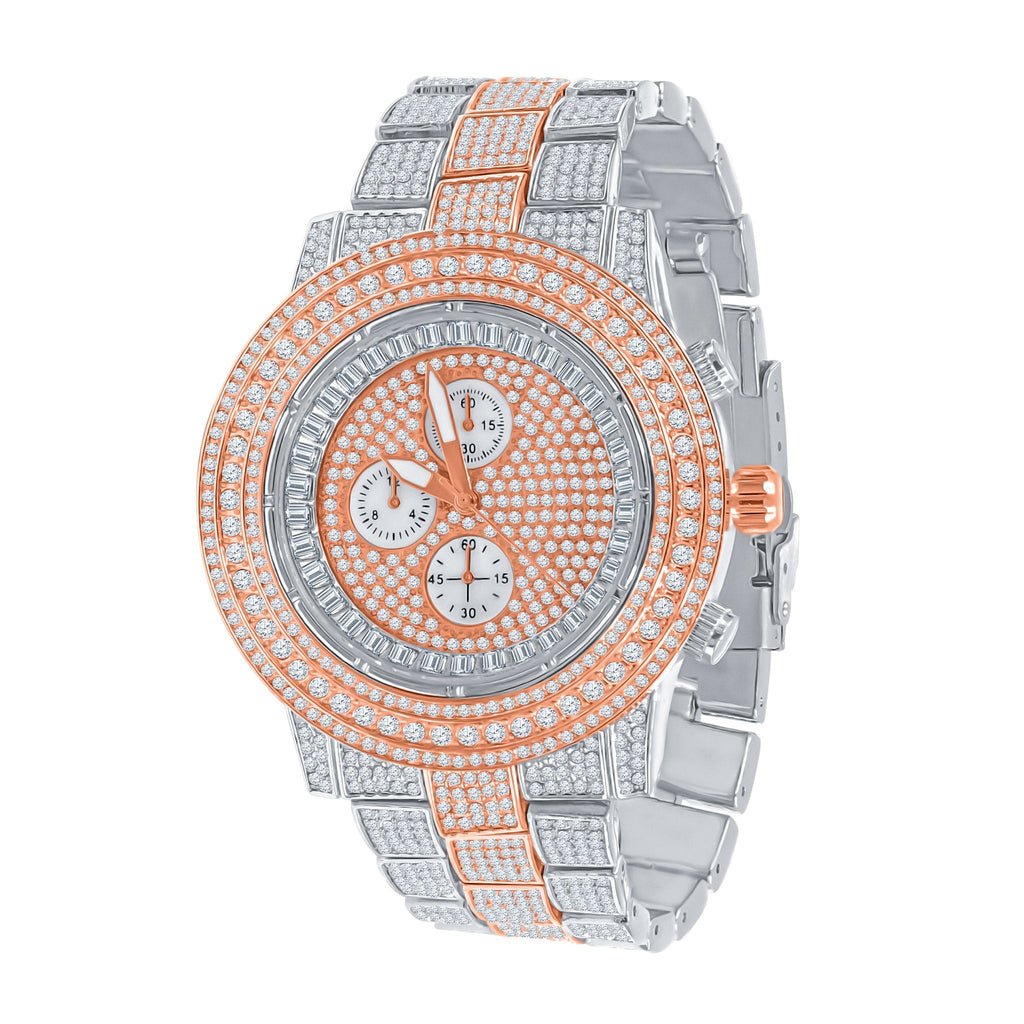 Iced Out Hip Hop Mens Watch Rose Gold Silver Bling Luxury
