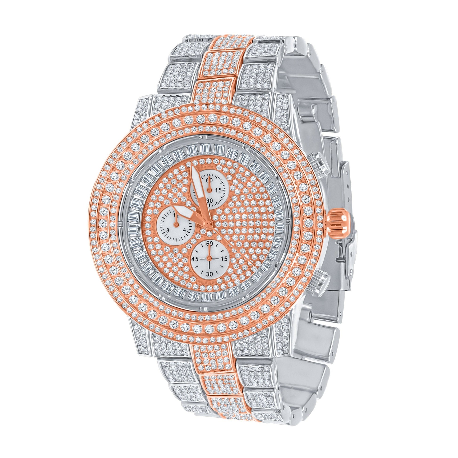 Iced Out Hip Hop Mens Watch Rose Gold Silver Bling Luxury