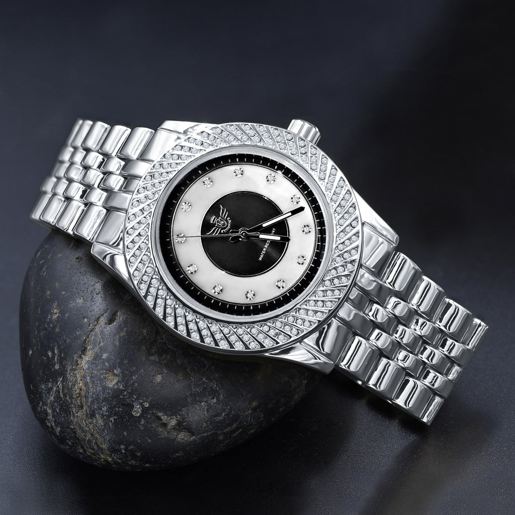 Iced Out Stainless Steel Hip Hop Watch Mother Of Pearl