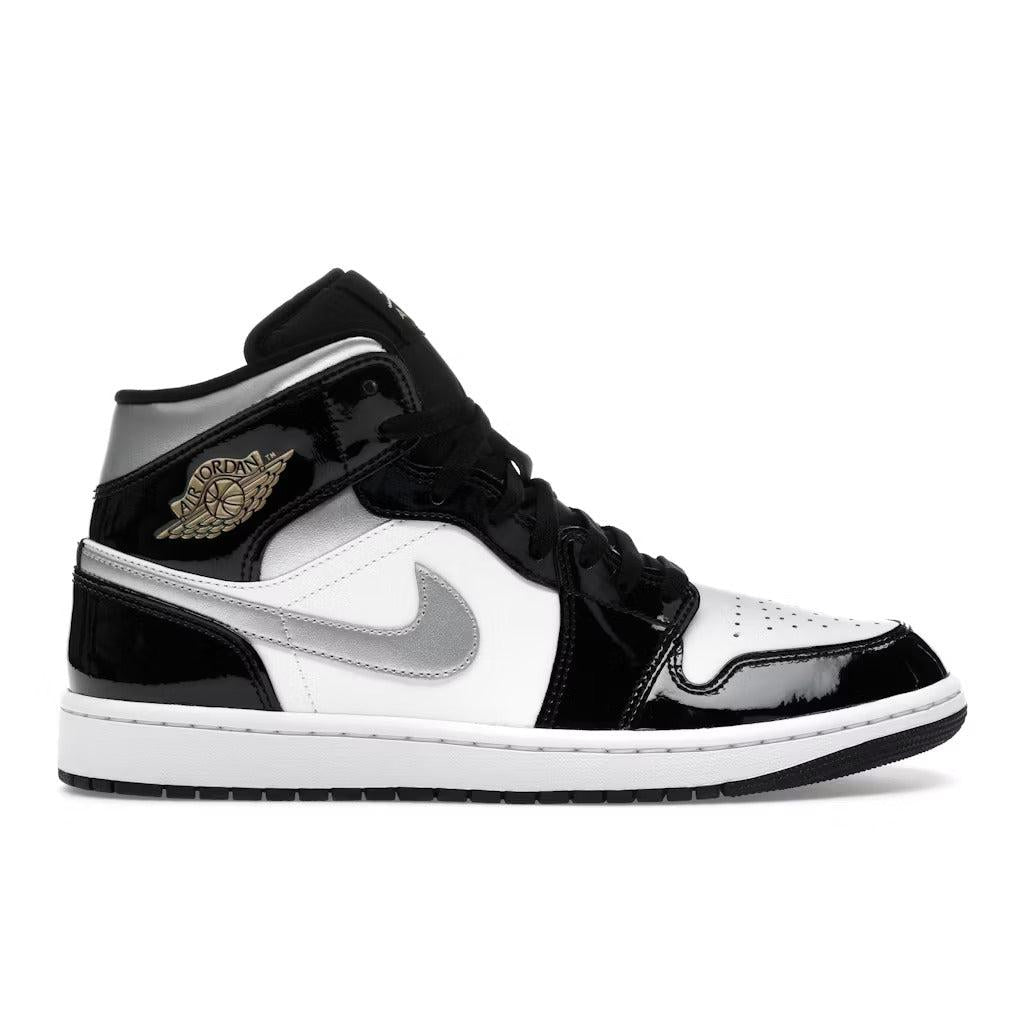Jordan 1 Mid SE Patent Black White Metallic Silver Metallic Gold