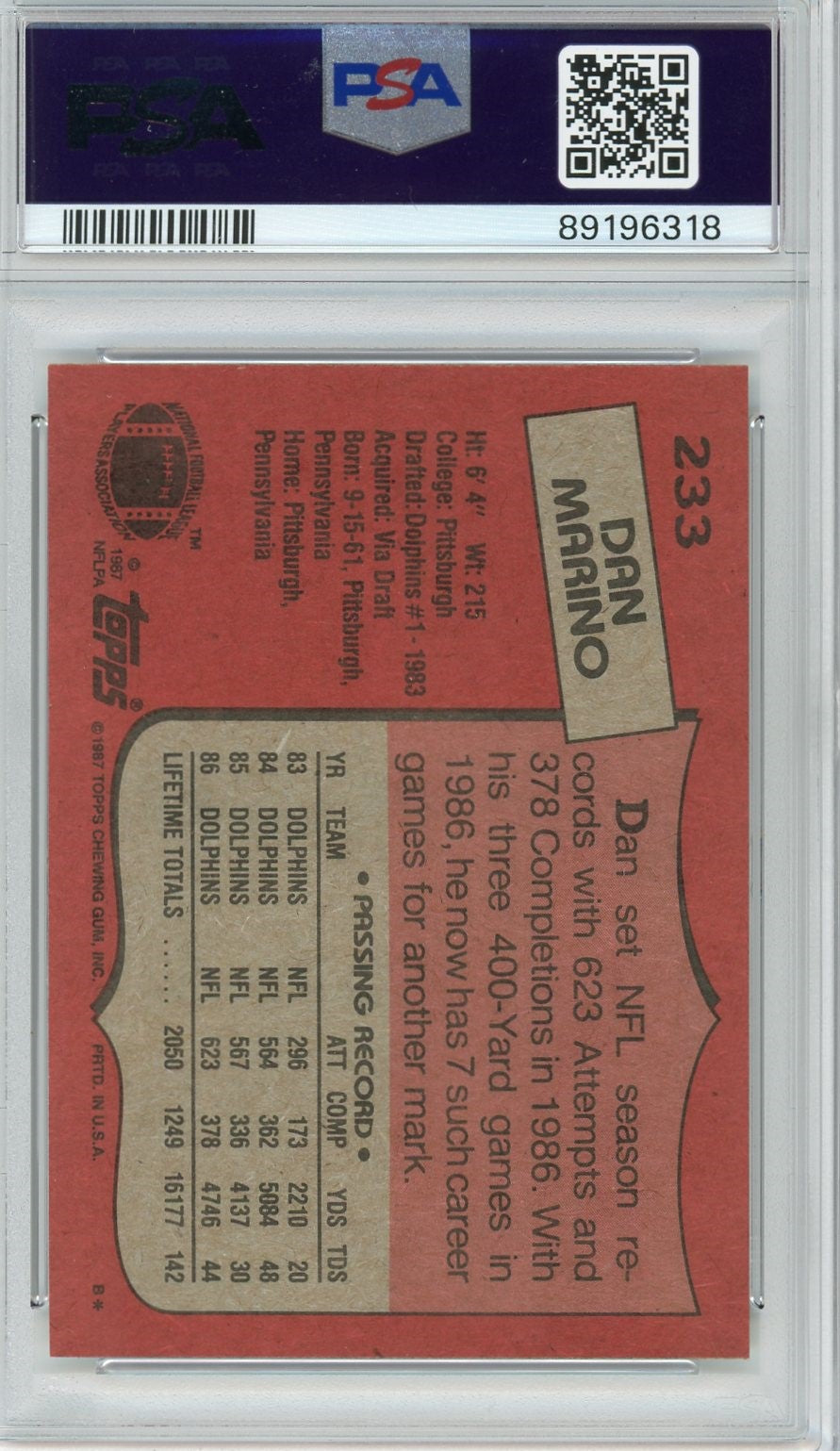 Graded 1987 Topps Dan Marino #233 Football Card PSA 9 Mint