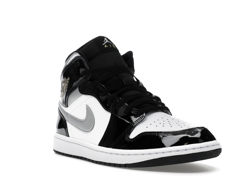 Jordan 1 Mid SE Patent Black White Metallic Silver Metallic Gold