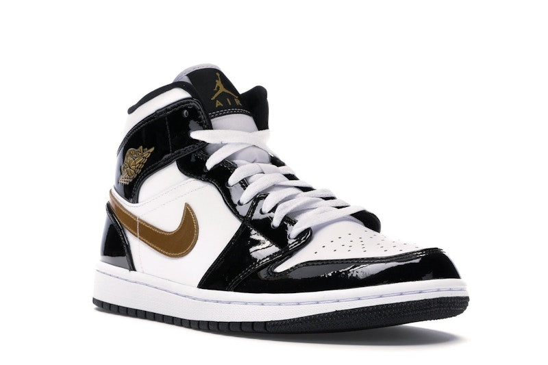 Jordan 1 Mid Patent Black White Gold