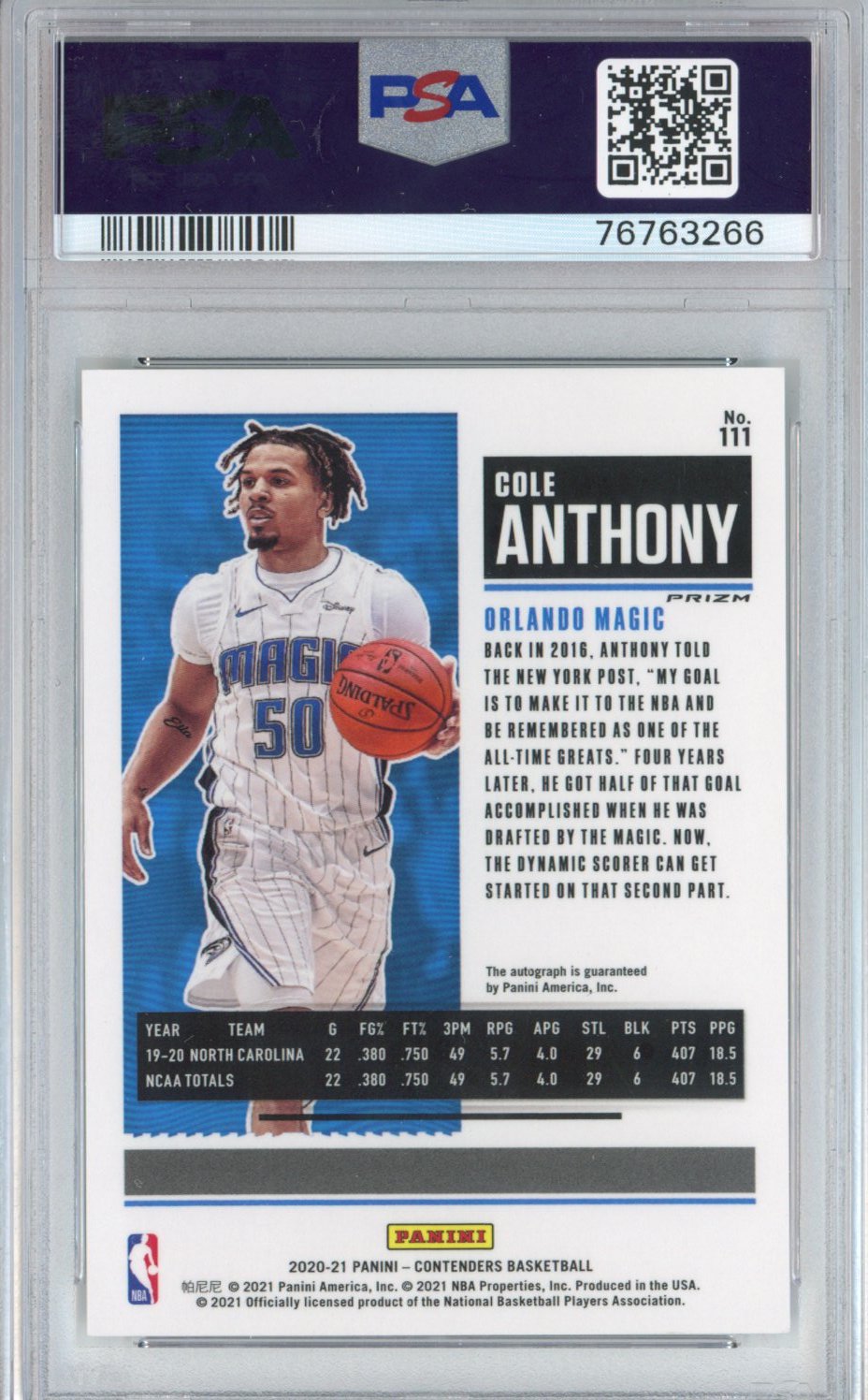 Graded 2020-21 Panini Contenders Cole Anthony #111 Premium Edition Green Shimmer Rookie RC Basketball Card PSA 9 Auto 10 Gem Mint