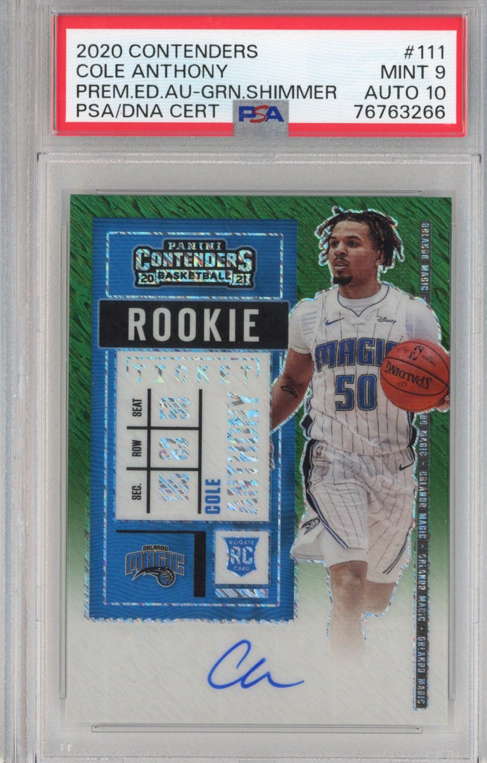 Graded 2020-21 Panini Contenders Cole Anthony #111 Premium Edition Green Shimmer Rookie RC Basketball Card PSA 9 Auto 10 Gem Mint