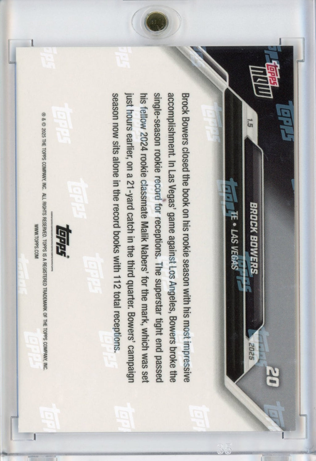 2024 Topps Now Brock Bowers #20 Blue #/49 Las Vegas Raiders Rookie RC Football Card