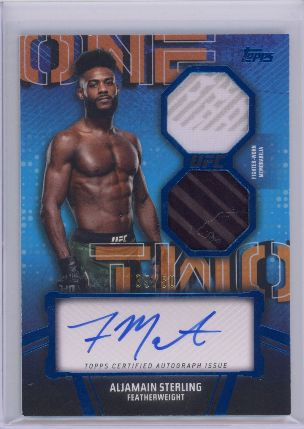 2024 Topps Knockout Aljamain Sterling #OTCASG 1-2 Combo Auto Relic Blue /50 UFC MMA Card
