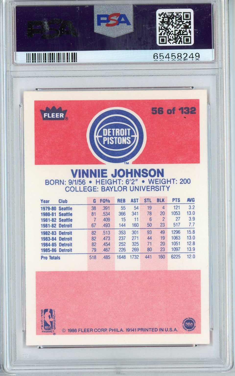 Graded 1986 Fleer Vinnie Johnson #56 Basketball Card PSA 8 NM-MT