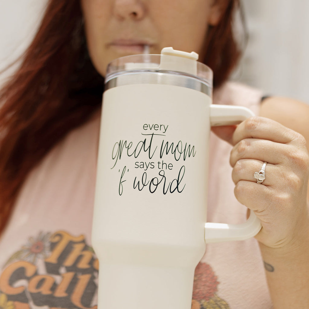 Insulated 40oz Travel Tumbler Mom Says The F Word Handle Lid Straw Gift