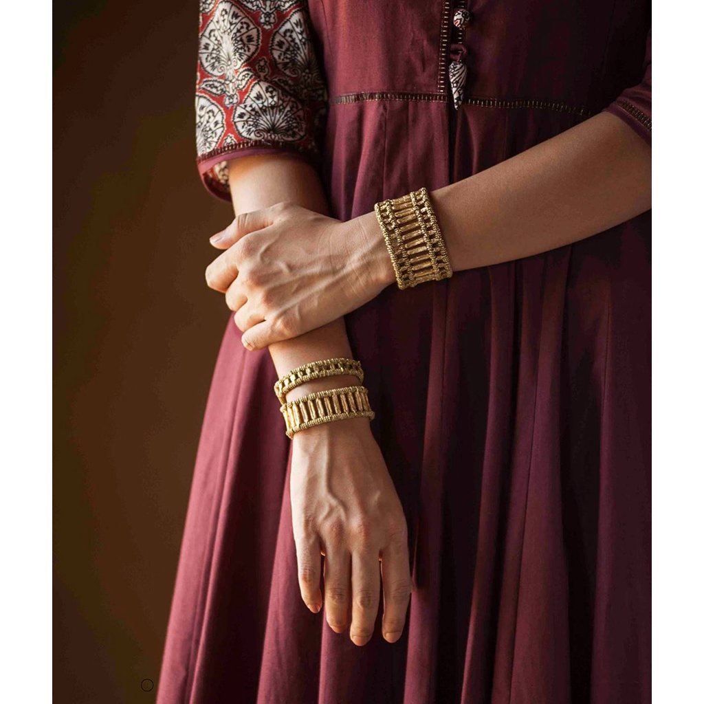 Kada Cuff Handwoven Metal Beads Cotton Thread Boho Indian Inspired 7.5in