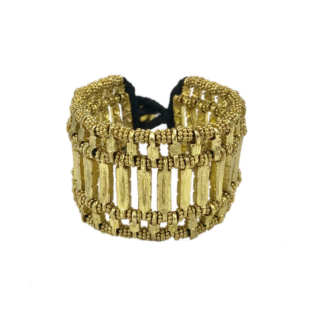 Kada Cuff Handwoven Metal Beads Cotton Thread Boho Indian Inspired 7.5in