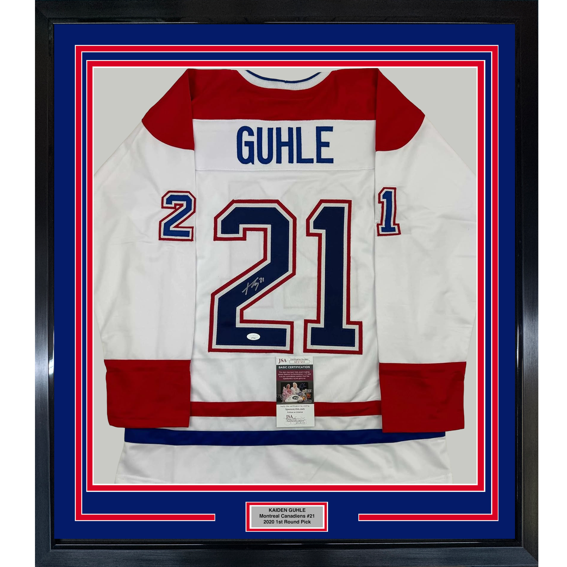 Framed Autographed/Signed Kaiden Guhle 35x39 Montreal White Hockey Jersey JSA COA
