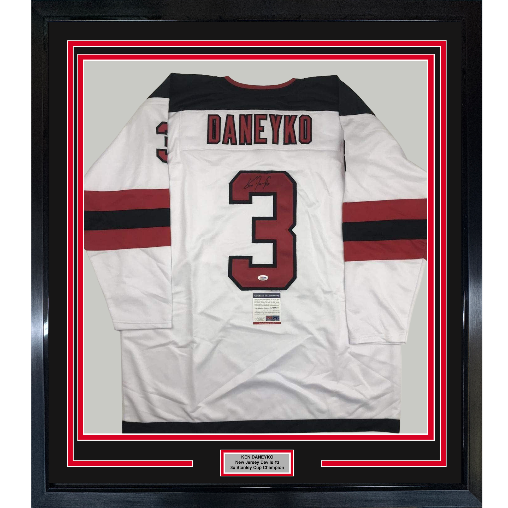 Framed Autographed/Signed Ken Daneyko 35x39 New Jersey White Hockey Jersey PSA/DNA COA