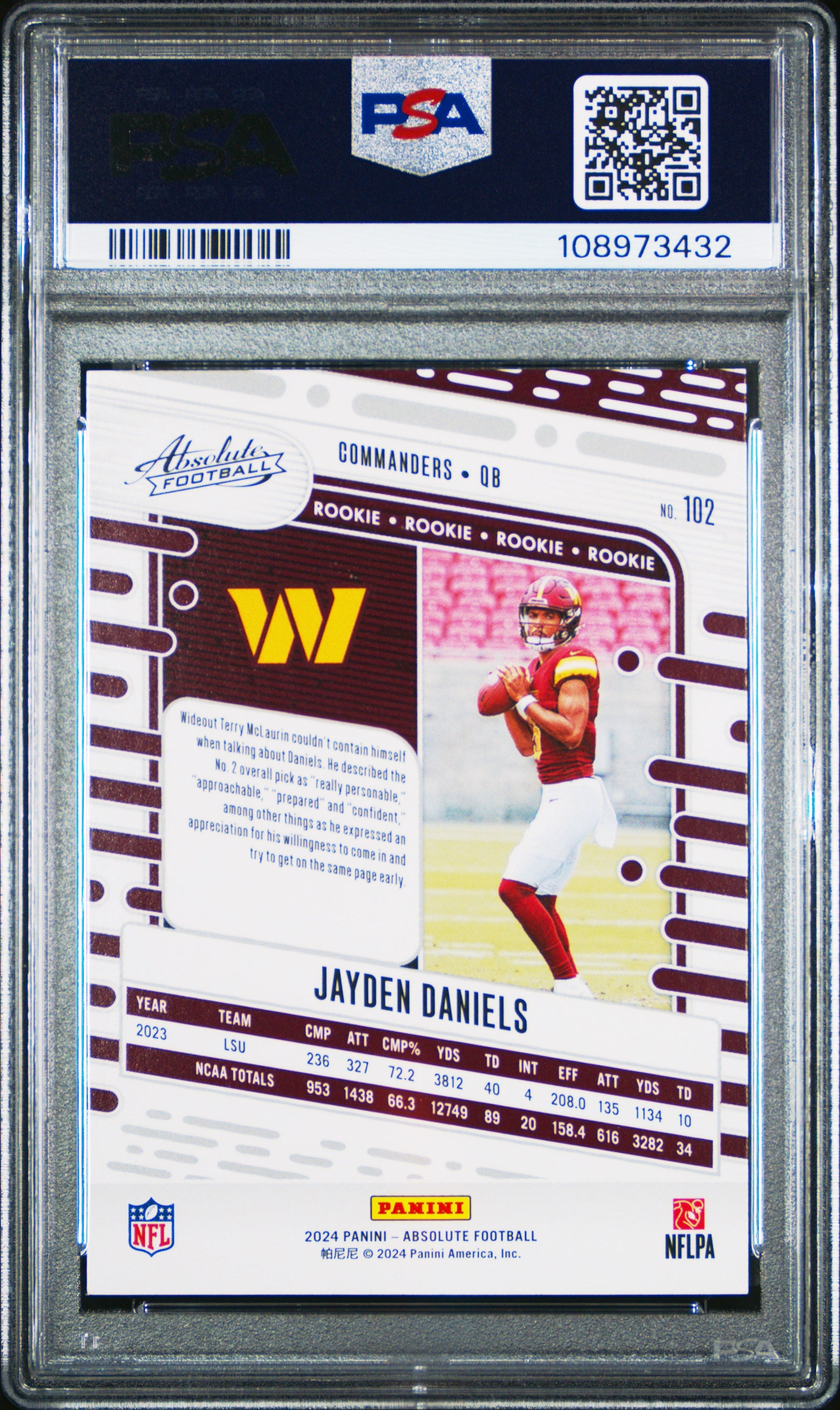 Graded 2024 Panini Absolute Jayden Daniels #102 Orange Rookie RC Football Card PSA 10 Gem Mint