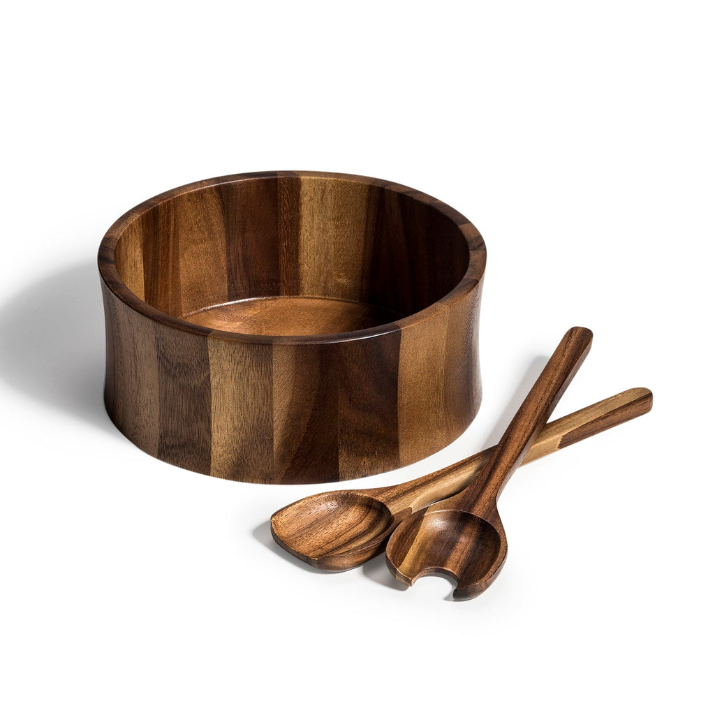 Large Acacia Wood Salad Bowl 10x4 With Servers Handcrafted Serving Bowl