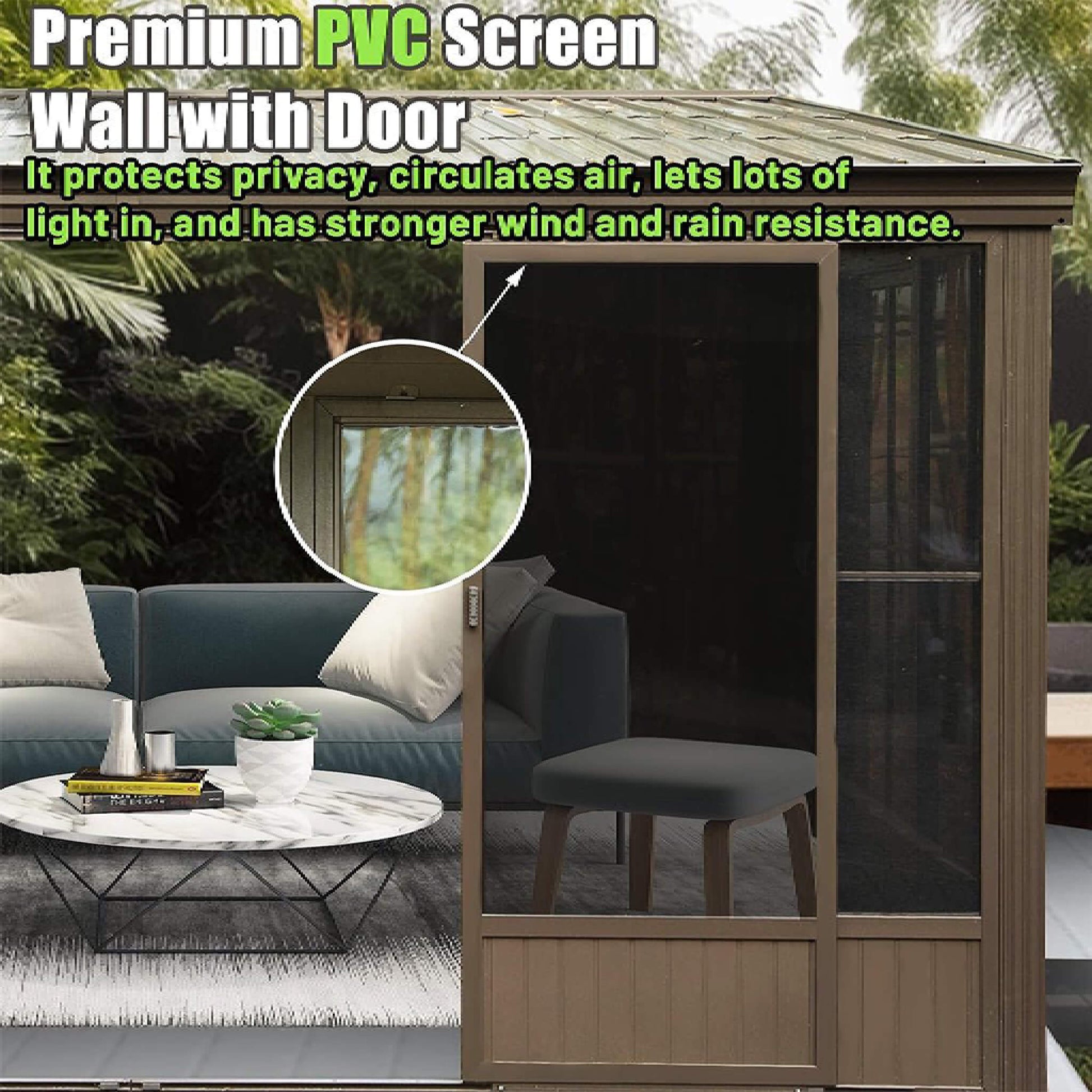 [12X14FT] Alora Haven Large Outdoor All-Season Wall-Mounted Sunroom With Galvanized Steel Roof & Moveable PVC Screen (SAK46475)