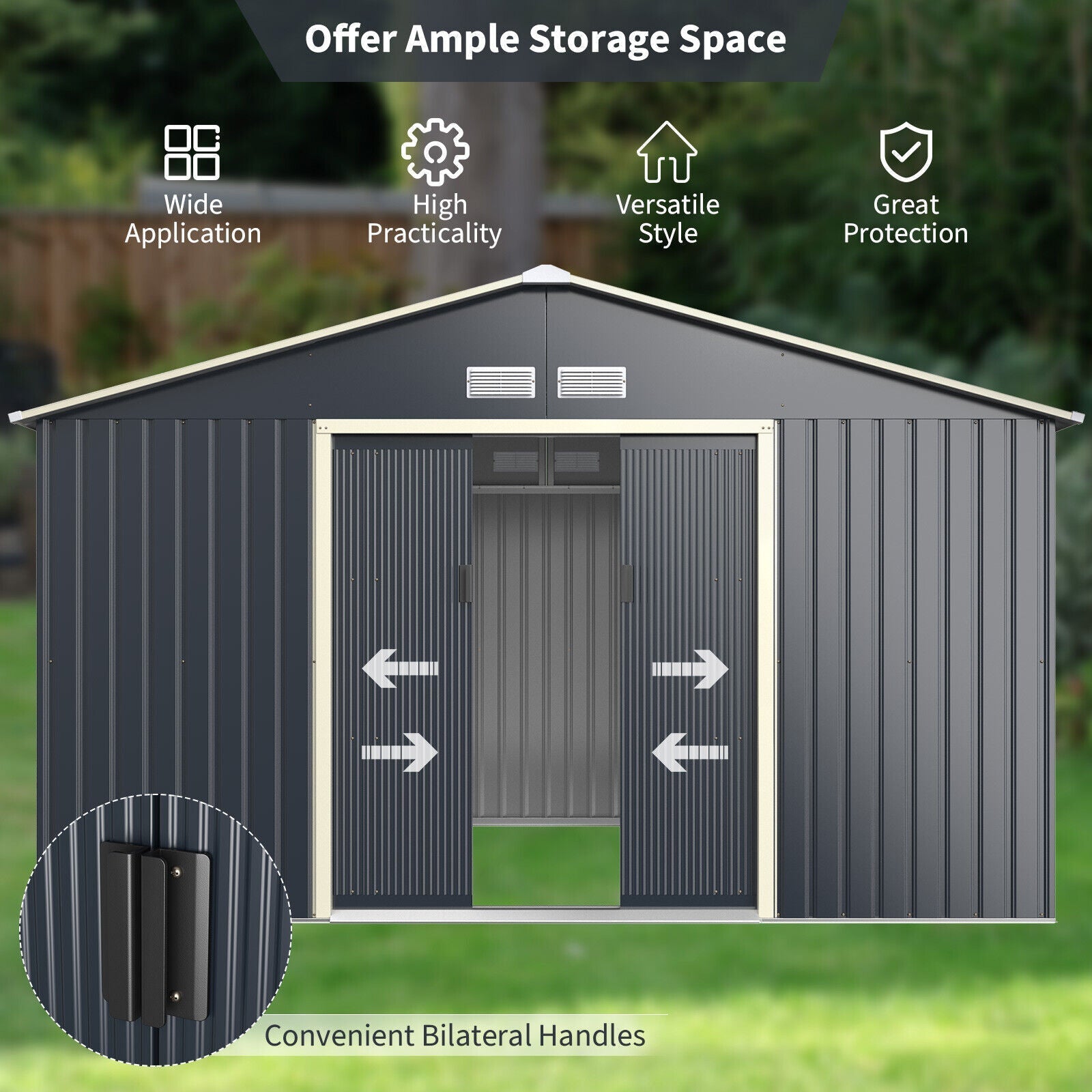 Alora Large Outdoor Metal Storage Backyard Shed W/ Lockable Sliding Doors, 11' x 8' (93064172)