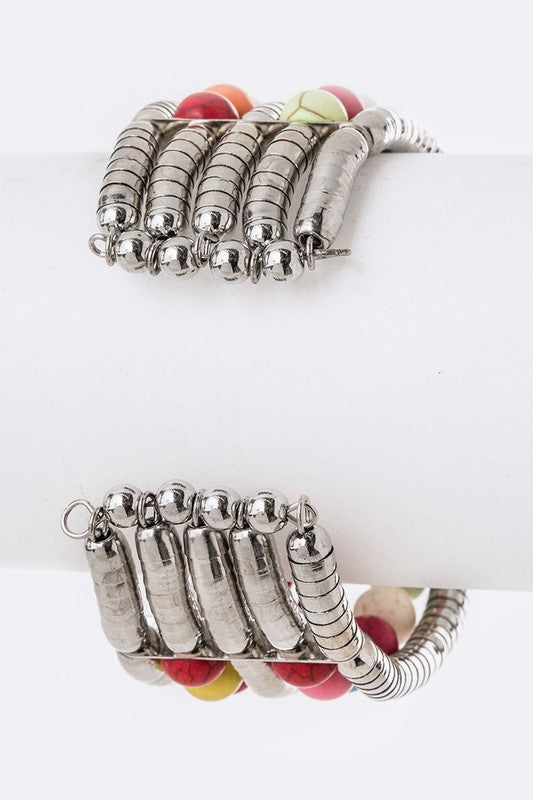Layered Bead Wired Cuff Bracelet Boho Chic Silver Style