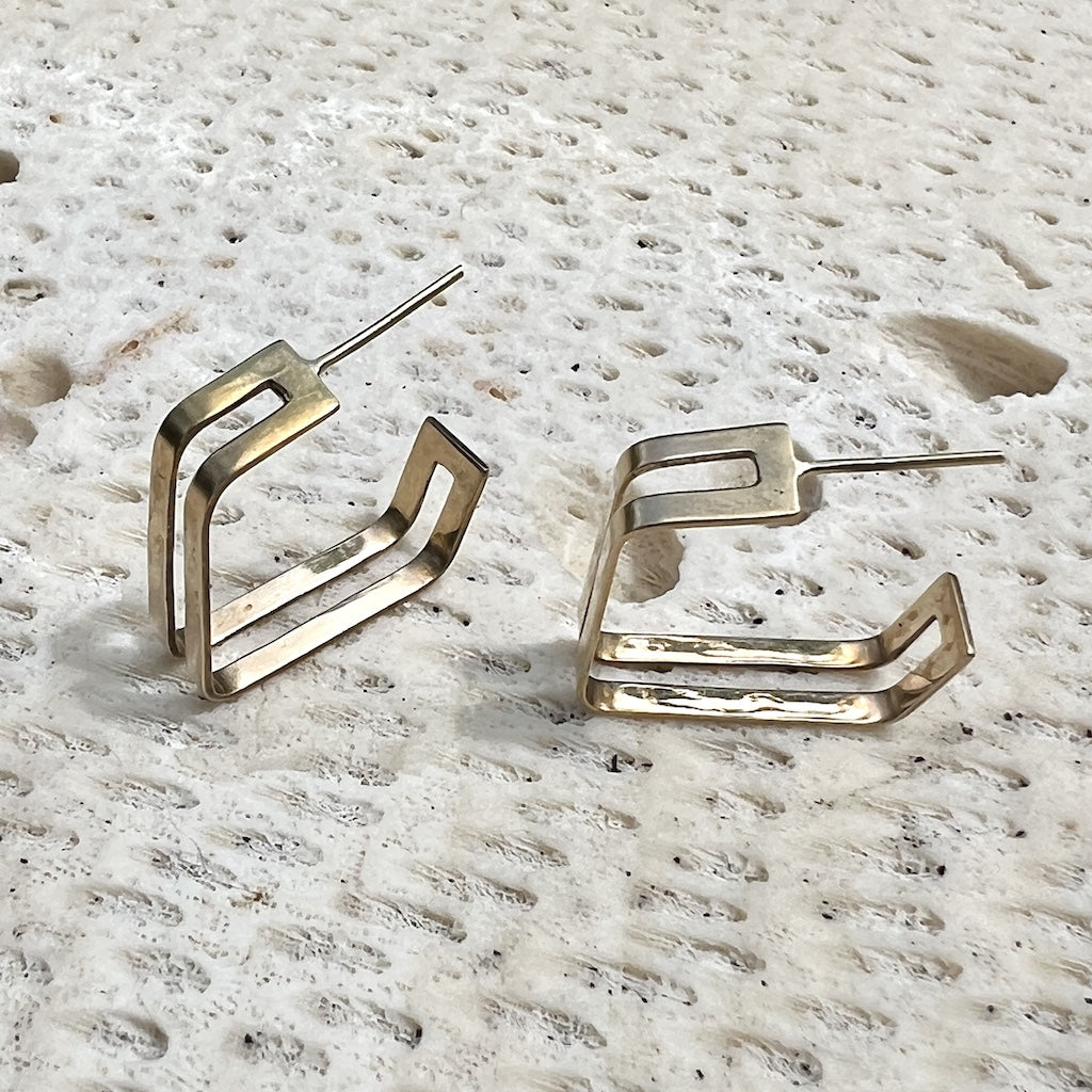Layered Square Hoop Earrings Recycled Brass Double Layer Modern Geometric