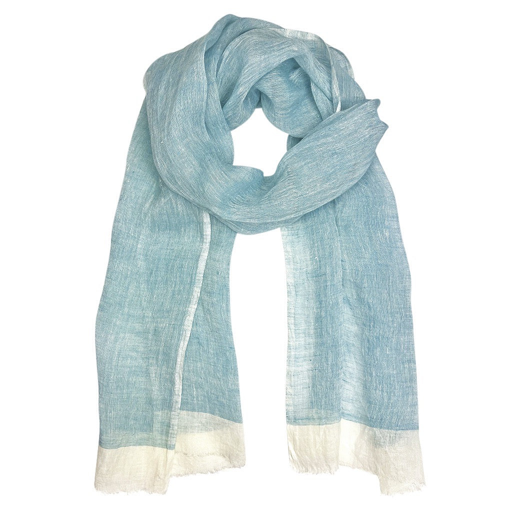 Linen Gauze Two-Tone Scarf Lightweight Handwoven Eyelash Fringe White Stripe