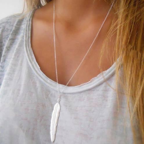 Long Feather Pendant Necklace Boho Silver Chain Delicate