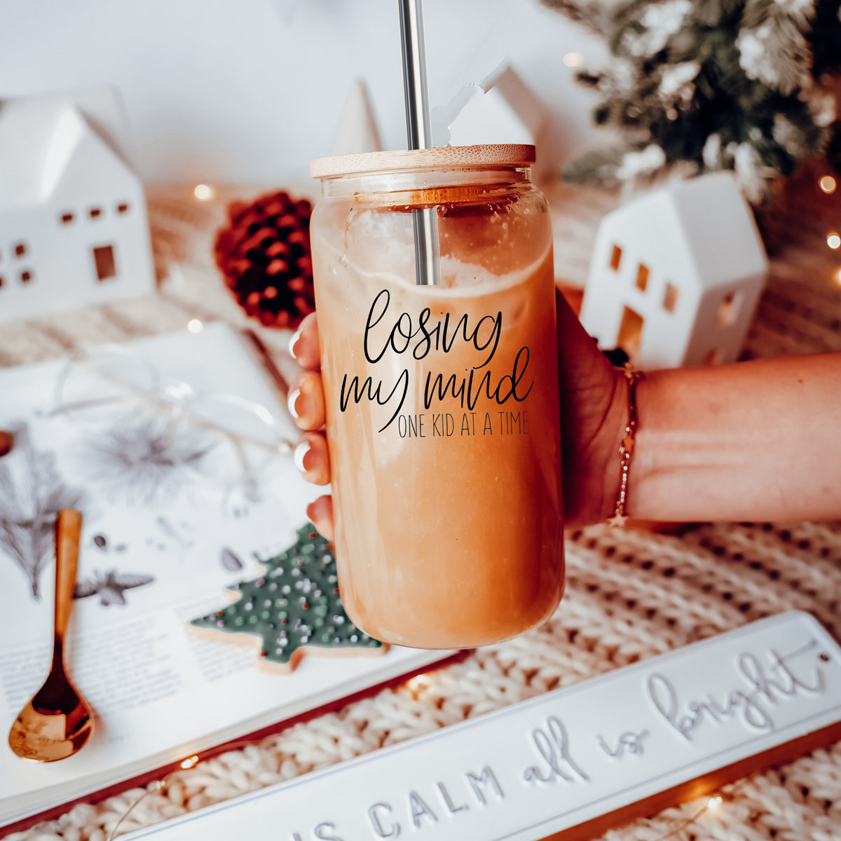 Losing My Mind 17oz Glass Tumbler With Bamboo Lid Stainless Straws Straw Cleaner Gift