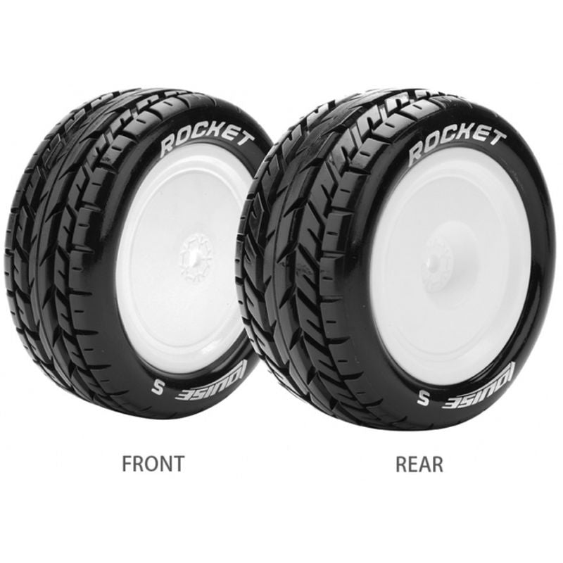 Louise R/C E-Rocket 1/10 4WD Rear Buggy Tires Soft, Mounted White (12mm Hex)