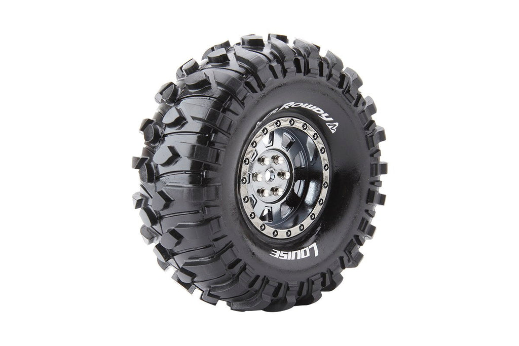 Louise R/C CR-Rowdy 1/10 1.9" Crawler Tires Mounted 12mm Hex Black Chrome Rim Pair