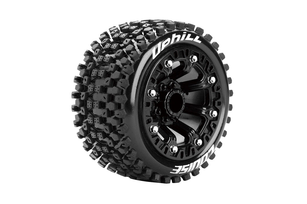 Louise R/C ST-Uphill 1/16 Stadium Truck Tires 12mm Hex Soft Mounted Black Spoke Rim Pair