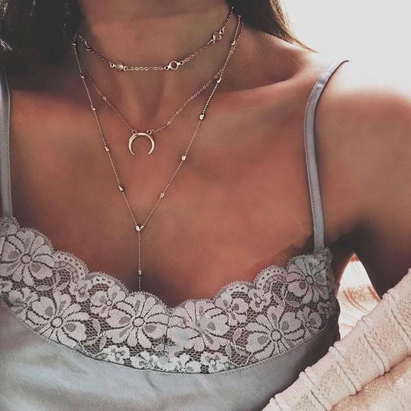 Horseshoe Moon Lariat Necklace Layered Gold Plated Delicate