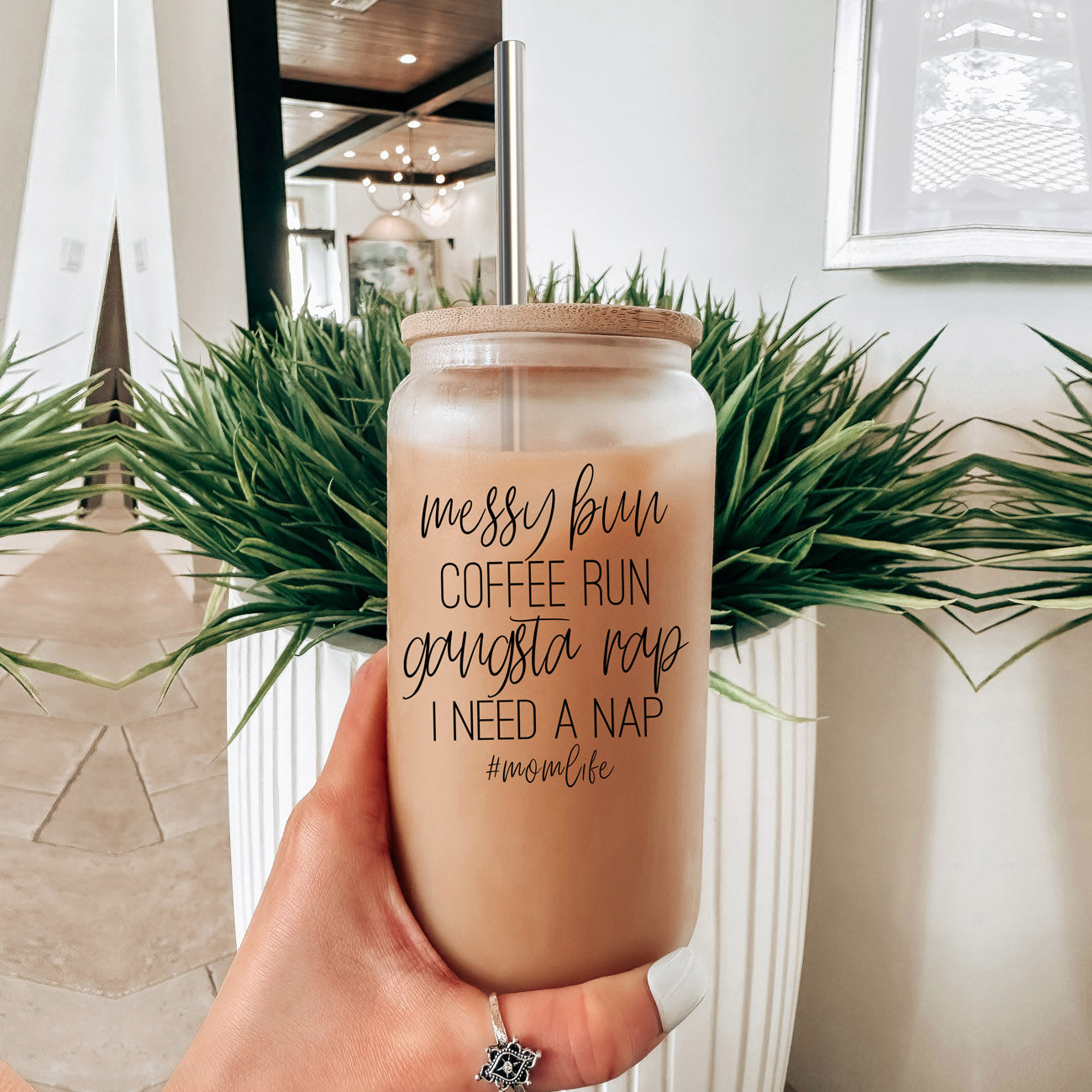 Messy Bun 17oz Glass Tumbler With Bamboo Lid Stainless Straws Mom Life Coffee Run Gift