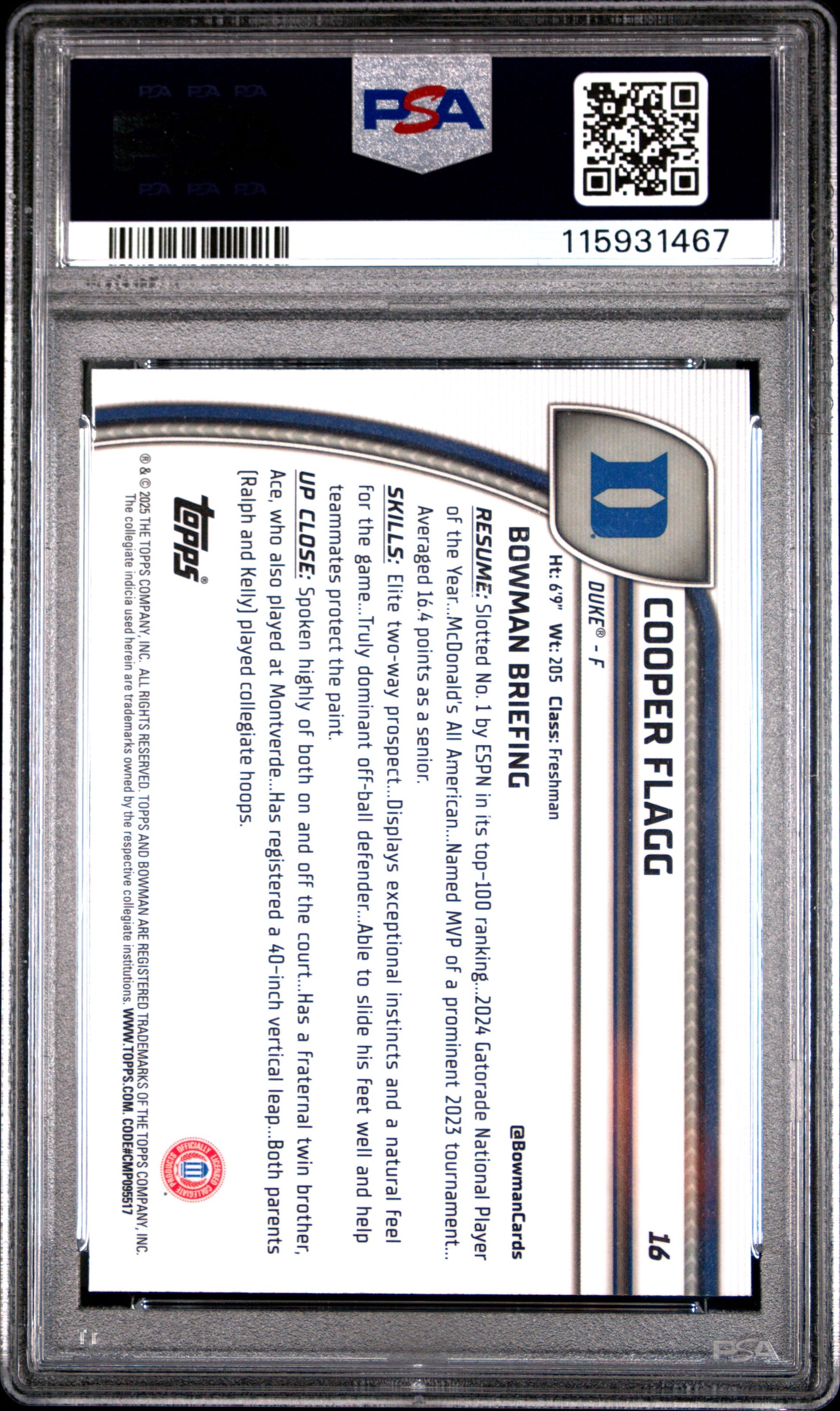 Graded 2024 Topps Bowman Chrome U Cooper Flagg #16 Rookie RC Basketball Card PSA 9 Mint