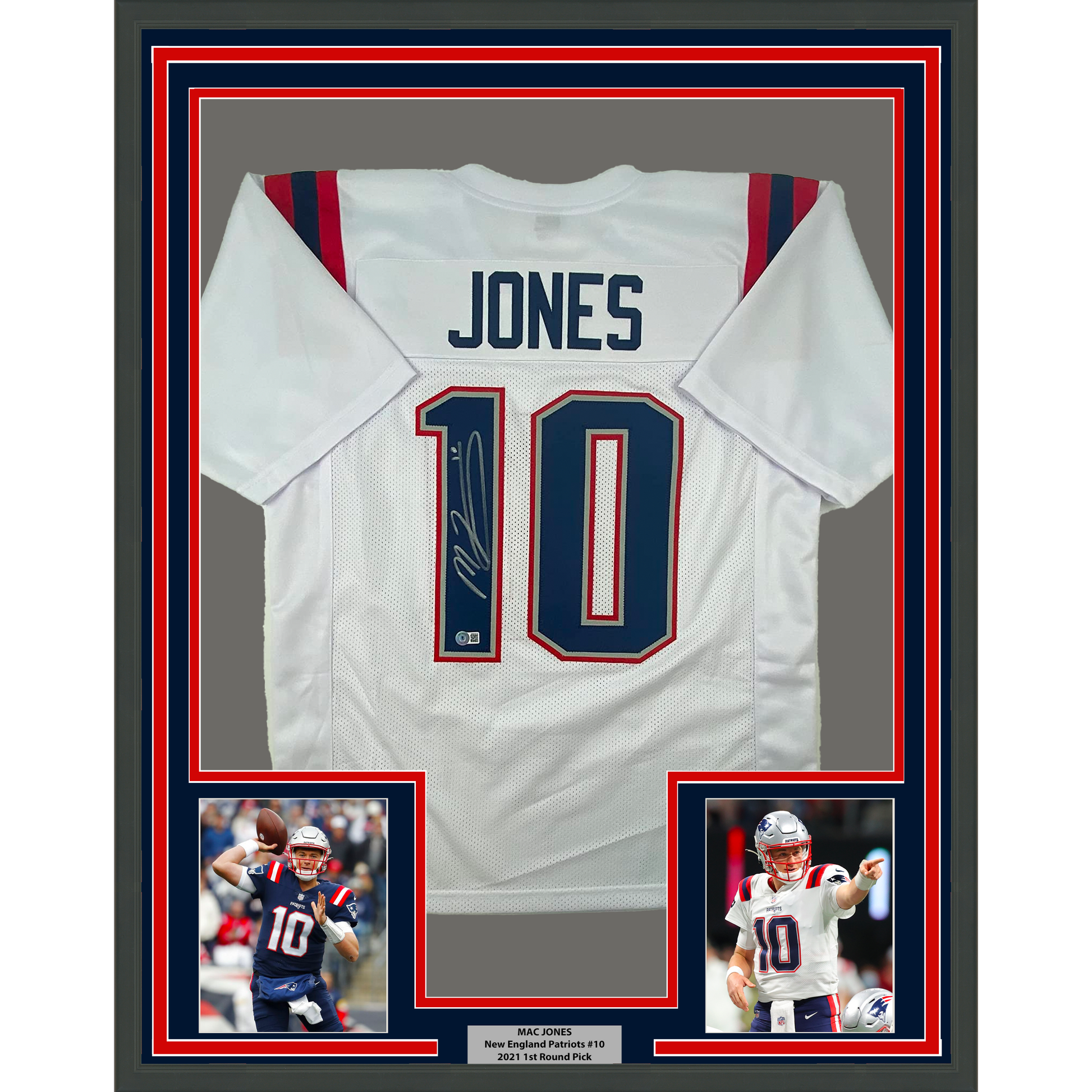Framed Autographed/Signed Mac Jones 35x39 New England White Football Jersey Beckett BAS COA