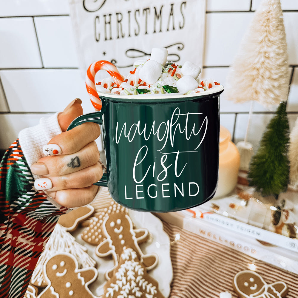 Naughty Legend Christmas Mug 14.5oz Ceramic Campfire Style Red Or Green Holiday Coffee Cup