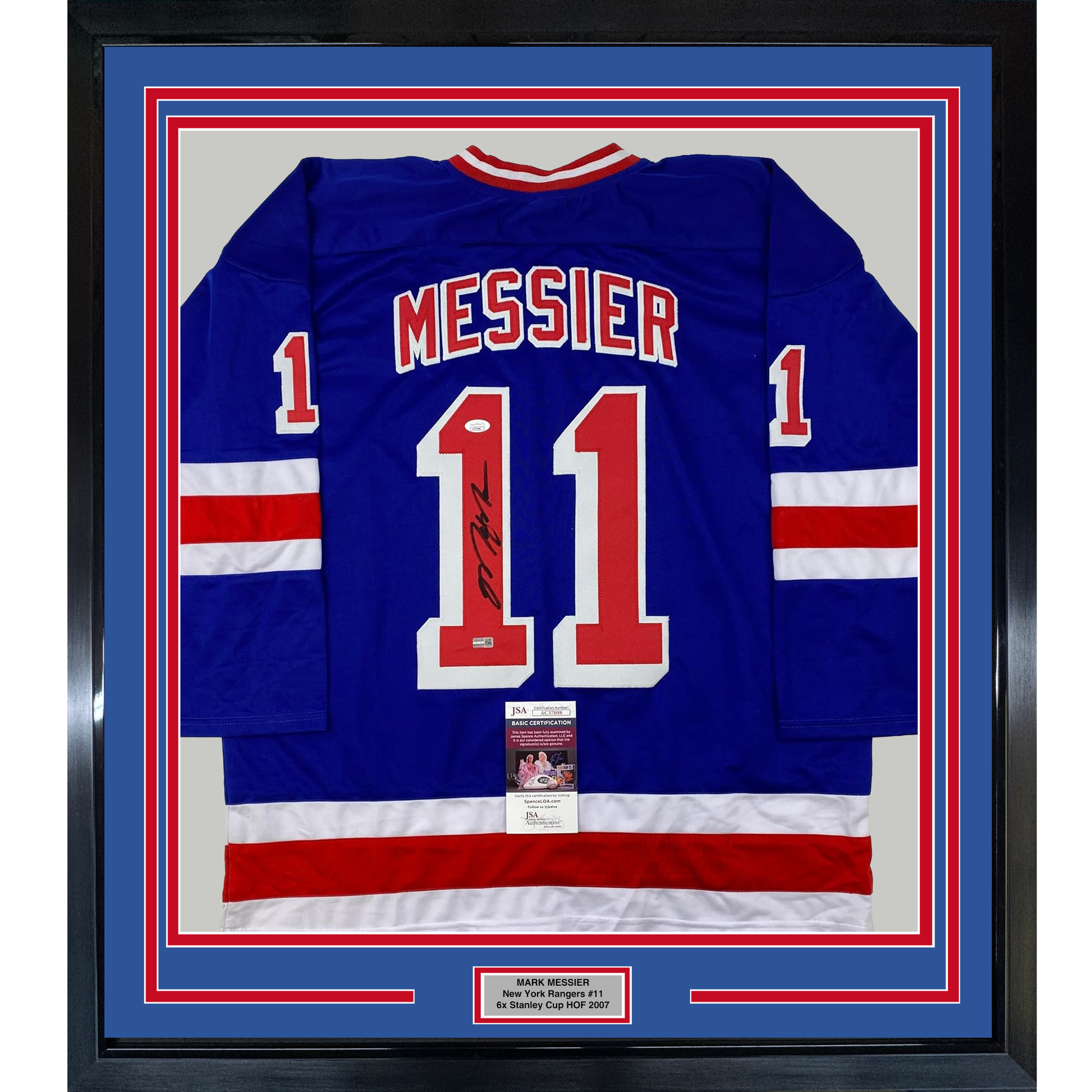 Framed Autographed/Signed Mark Messier 35x39 New York Blue Hockey Jersey JSA COA