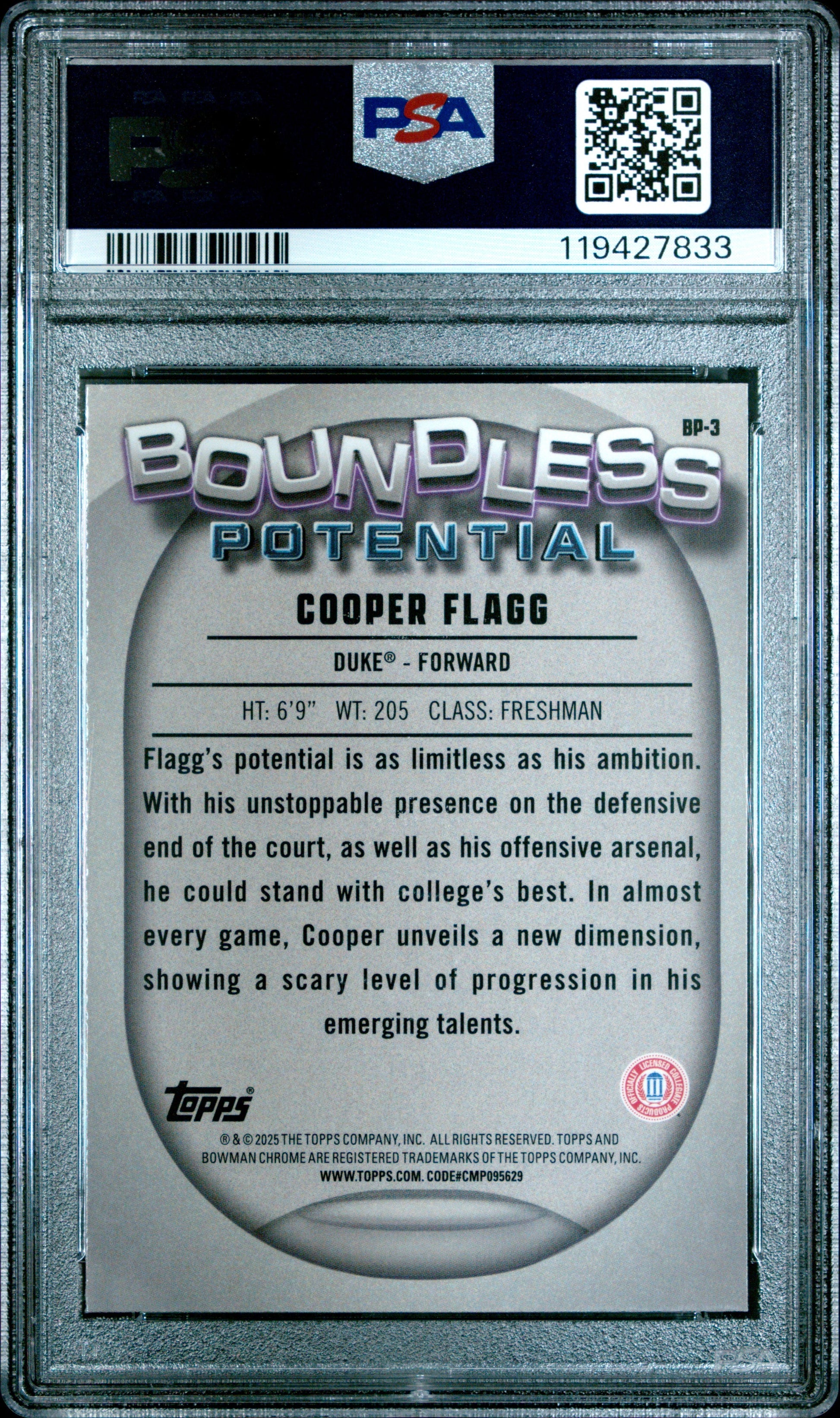 Graded 2024 Topps Bowman Chrome U Cooper Flagg #BP3 Boundless Potential Rookie RC Basketball Card PSA 10 Gem Mint