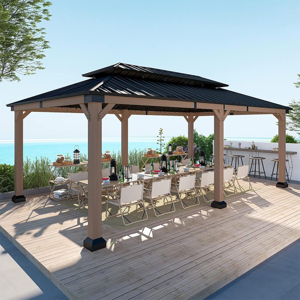 [12X20FT] Alora Heavy-Duty Backyard Cedar Wood Steel Hardtop Double Roof Gazebo Canopy (SAK91852)