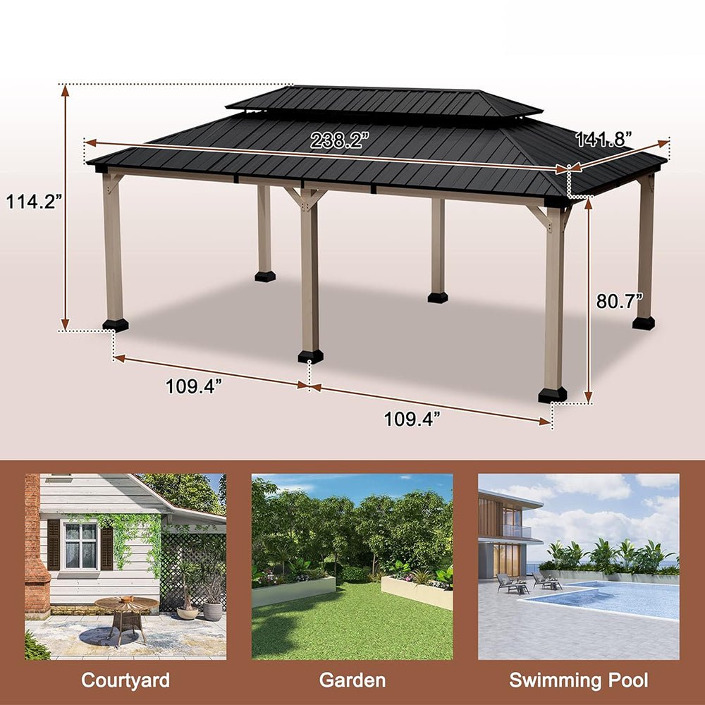 [12X20FT] Alora Heavy-Duty Backyard Cedar Wood Steel Hardtop Double Roof Gazebo Canopy (SAK91852)