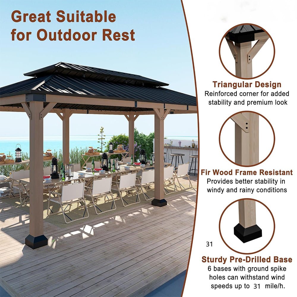 [12X20FT] Alora Heavy-Duty Backyard Cedar Wood Steel Hardtop Double Roof Gazebo Canopy (SAK91852)
