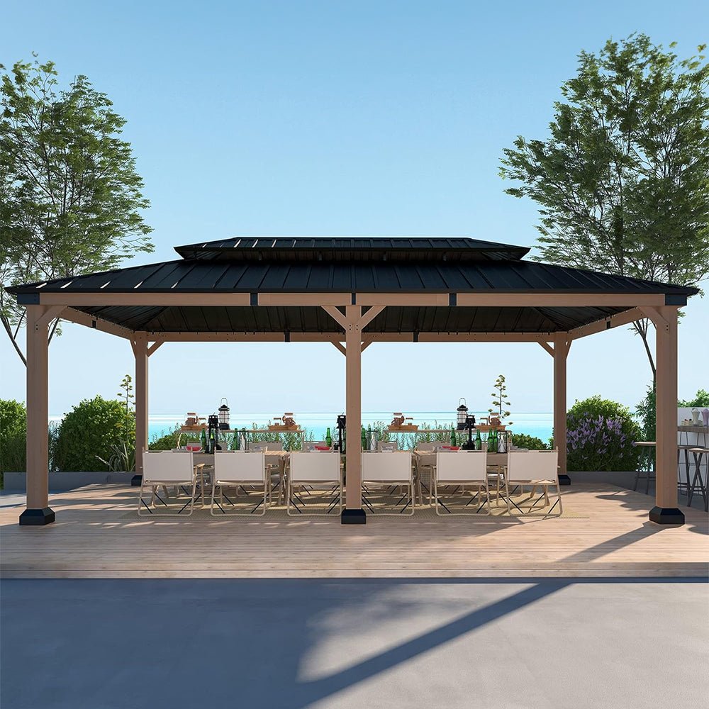 [12X20FT] Alora Heavy-Duty Backyard Cedar Wood Steel Hardtop Double Roof Gazebo Canopy (SAK91852)