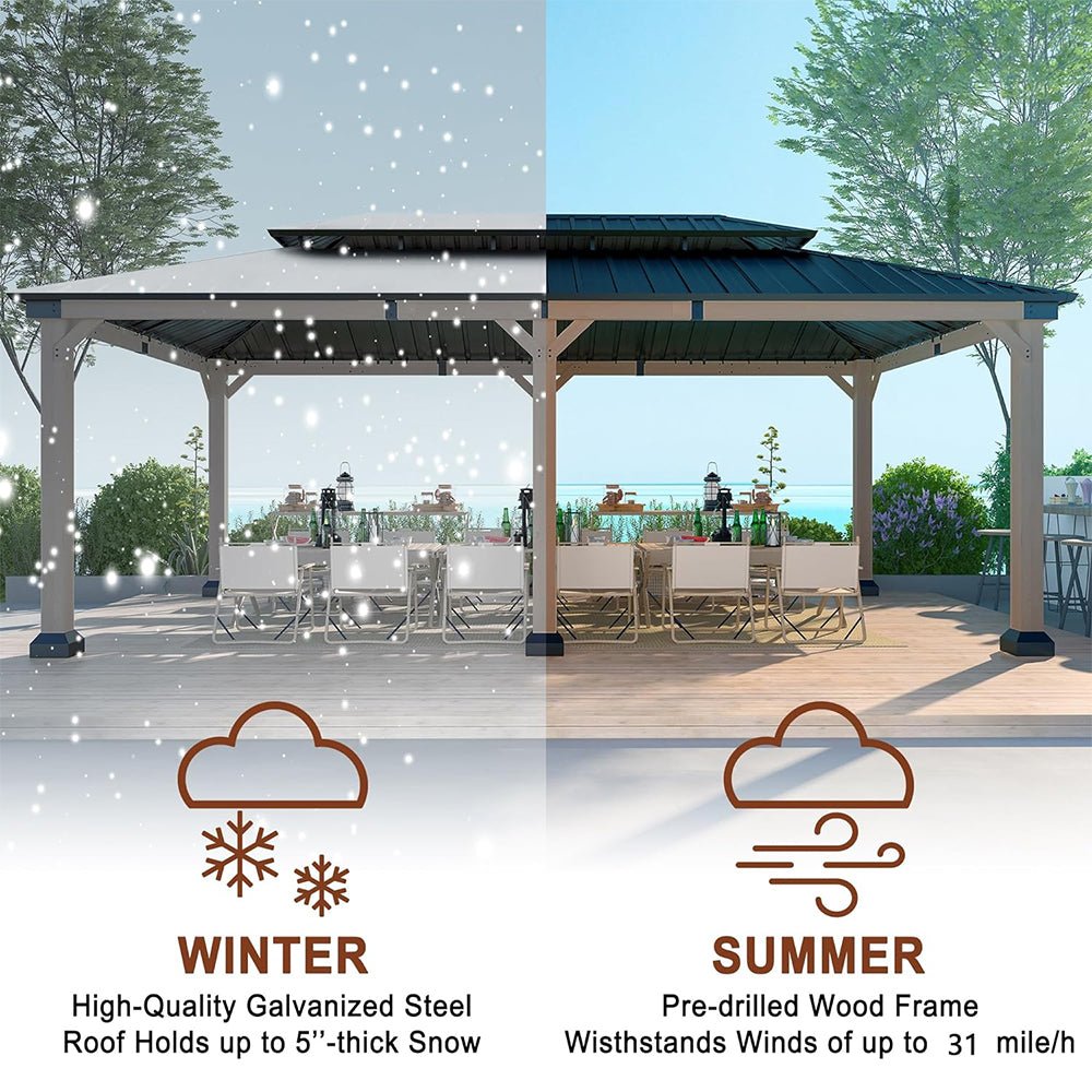 [12X20FT] Alora Heavy-Duty Backyard Cedar Wood Steel Hardtop Double Roof Gazebo Canopy (SAK91852)