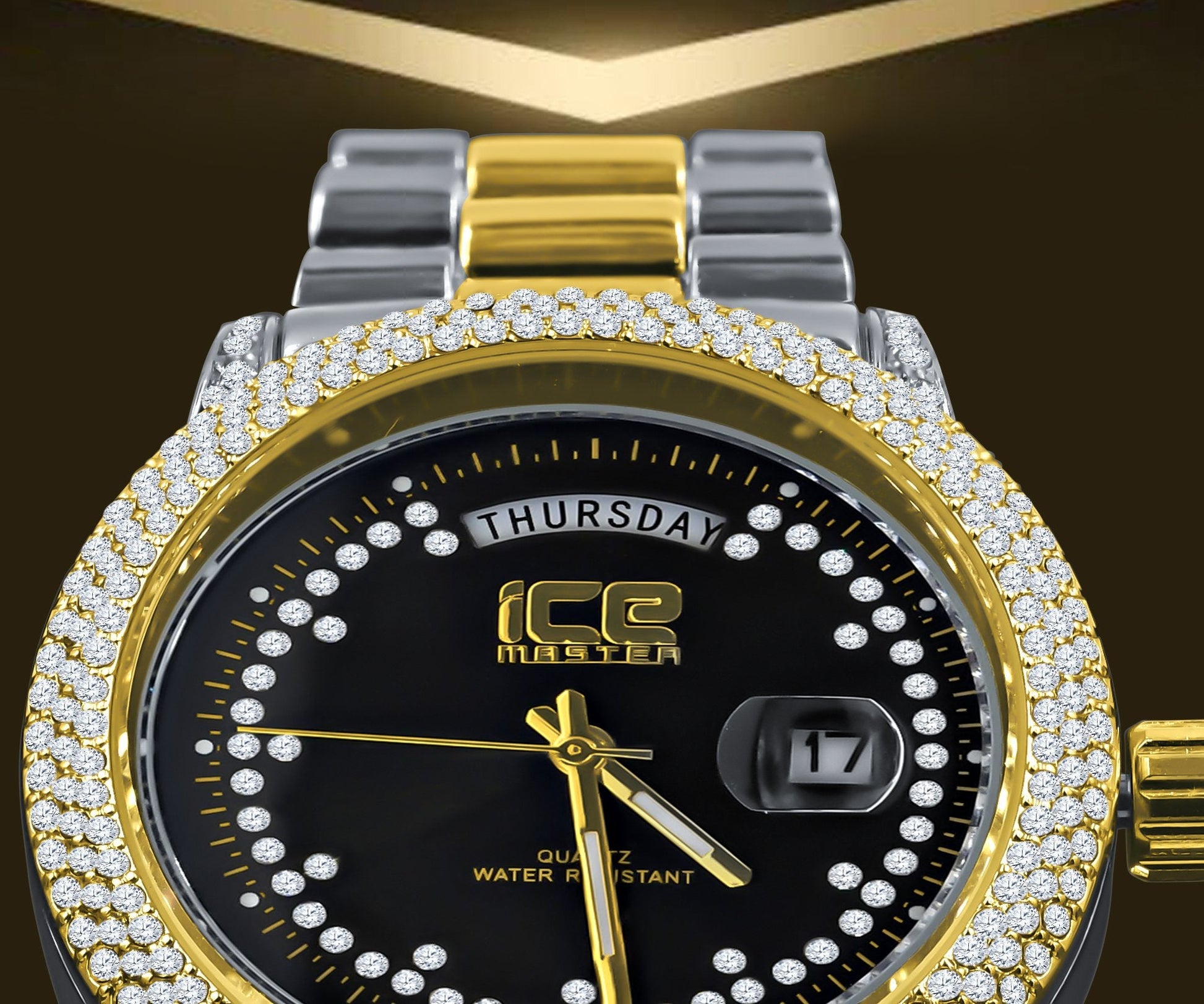 Mens 39mm Hip Hop Two Tone CZ Bezel Day Date Luxury Watch