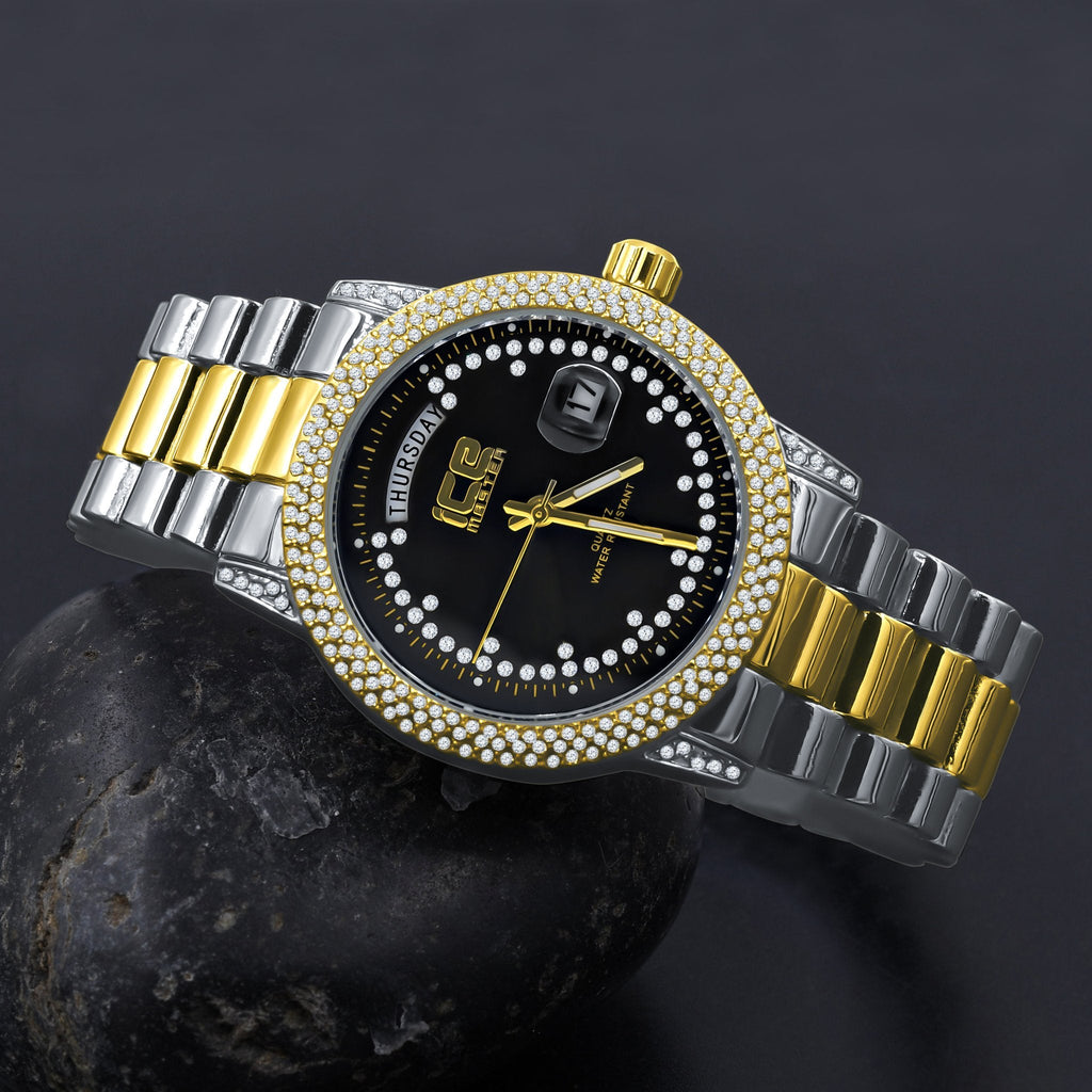 Mens 39mm Hip Hop Two Tone CZ Bezel Day Date Luxury Watch