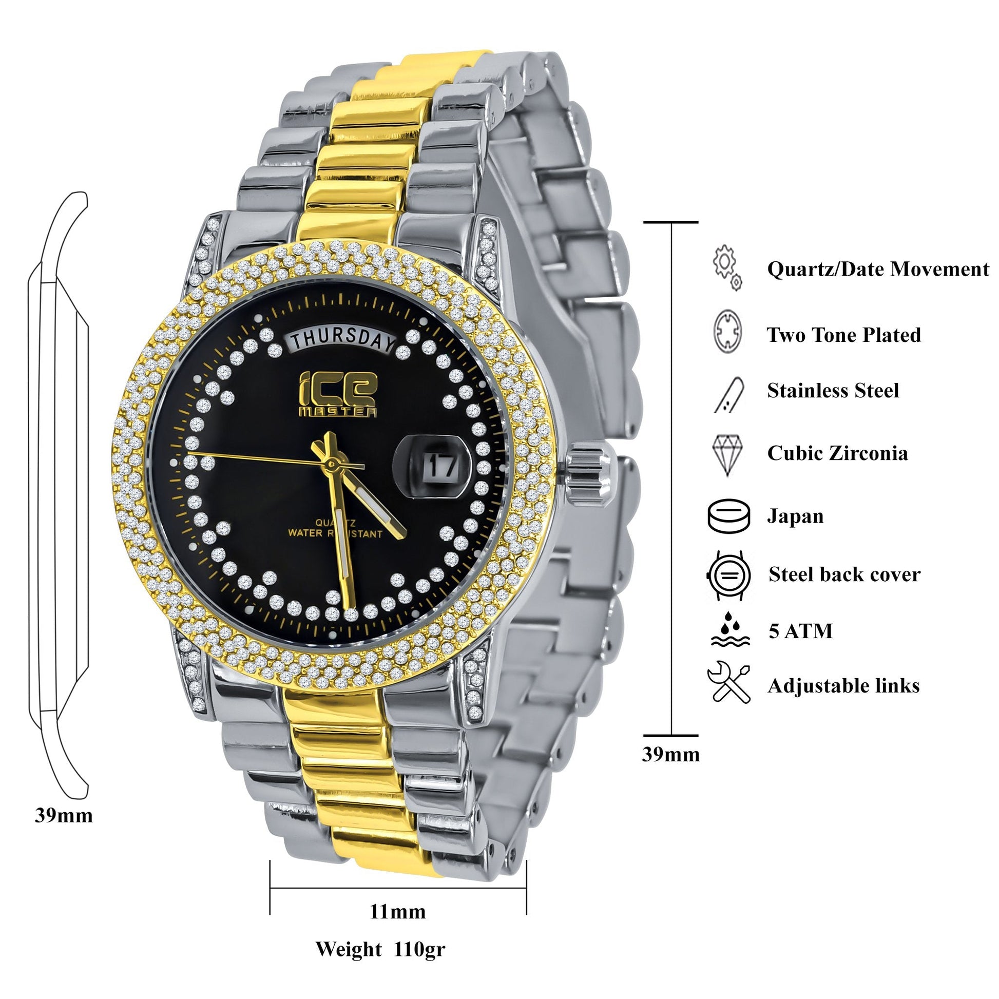 Mens 39mm Hip Hop Two Tone CZ Bezel Day Date Luxury Watch