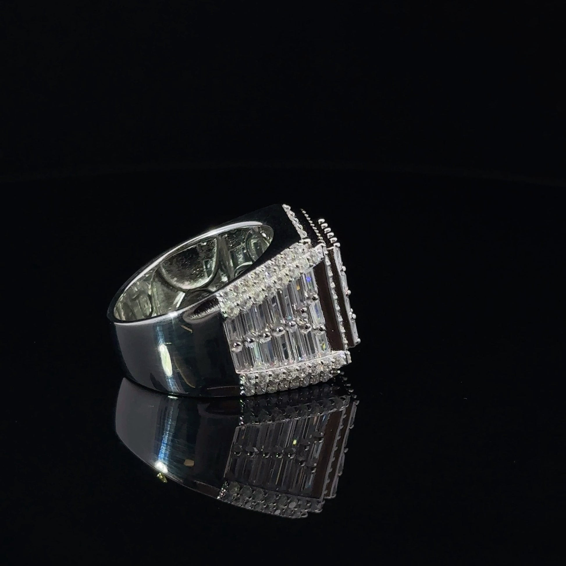 Mens 925 Rhodium Iced Out CZ Ring Baguette Pave Sterling