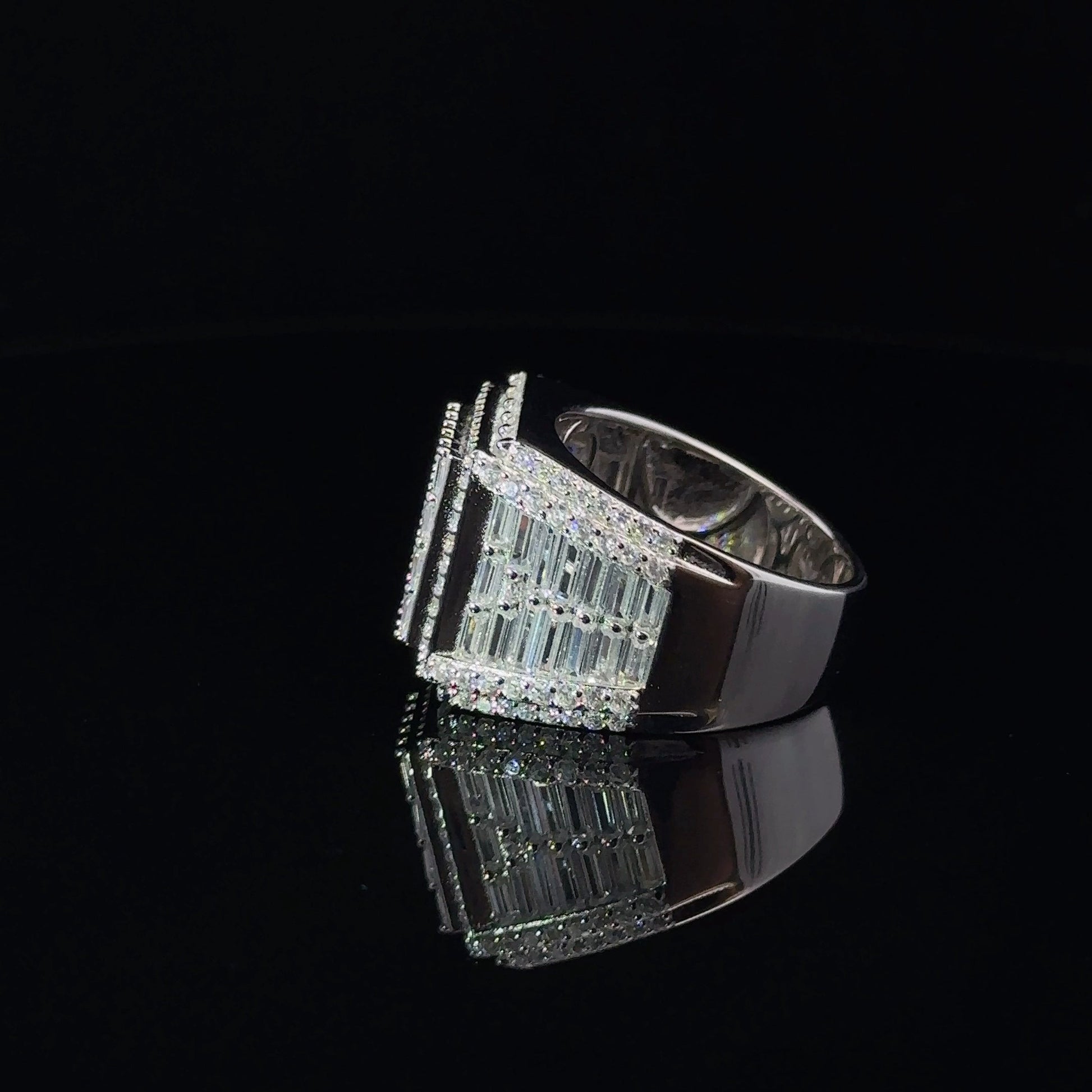 Mens 925 Rhodium Iced Out CZ Ring Baguette Pave Sterling